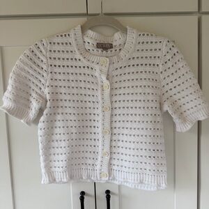 Short sleeve pointelle cardigan sweater